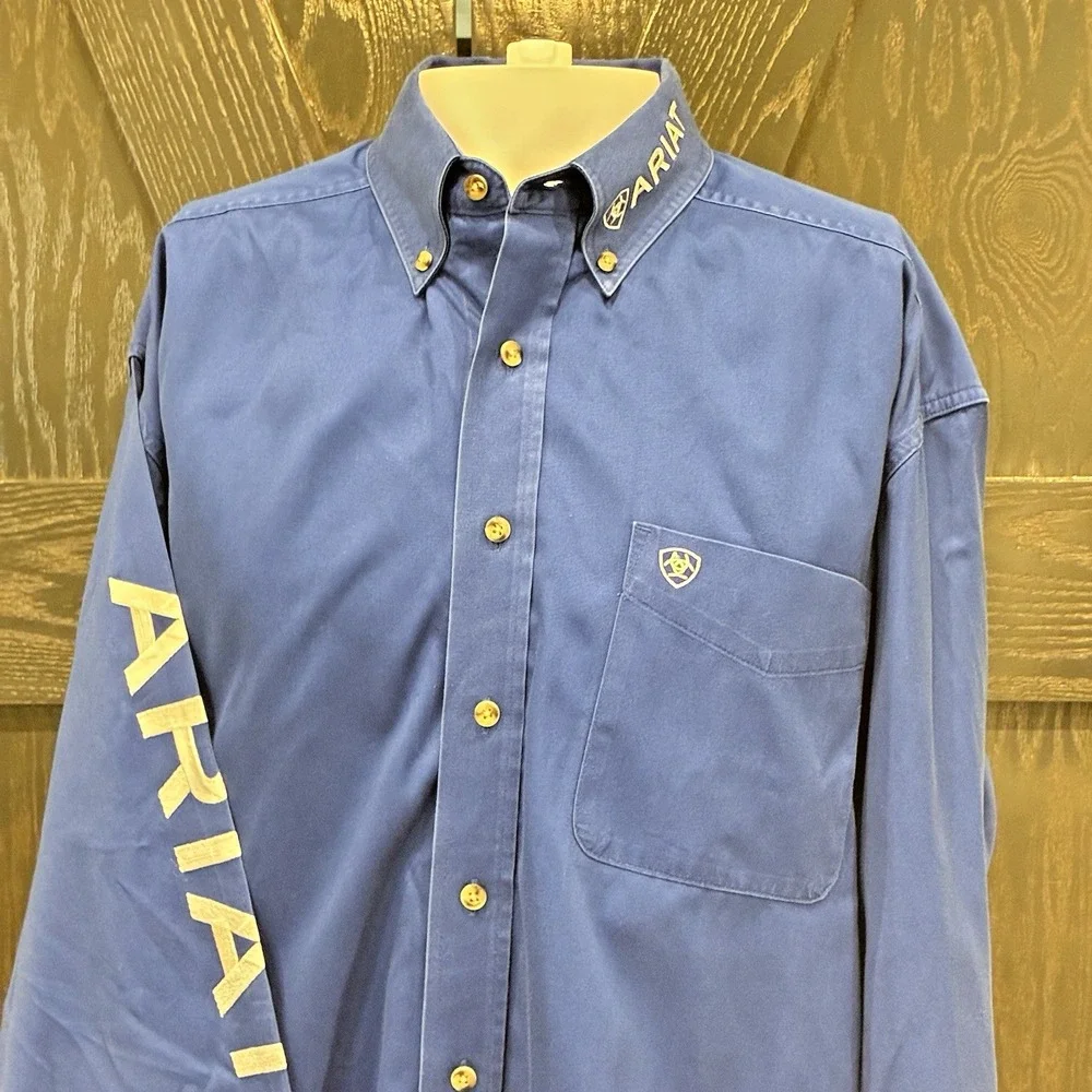Ariat Mens Long Sleeve Button Up Shirt 2XL Royal Blue Embroidered Spellout Rodeo